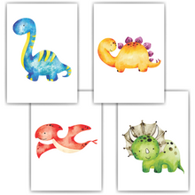 Laden Sie das Bild in den Galerie-Viewer, Dinosaurier 4er Set Kinderzimmer Bilder DIN A4 Poster Babyzimmer Dino Wandbilder Dekoration
