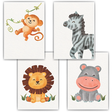 Laden Sie das Bild in den Galerie-Viewer, Affe Zebra Löwe Nilpferd Safari Tiere 4er Set Kinderzimmer Bilder DIN A4 Wandbilder Deko Babyzimmer Poster