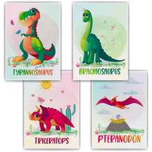 Laden Sie das Bild in den Galerie-Viewer, Dinosaurier Bilder 4er Set DIN A4 Kinderzimmer Wandbilder Babyzimmer Poster Dekoration Trex Brachiosaurus Triceratops Pteranodon