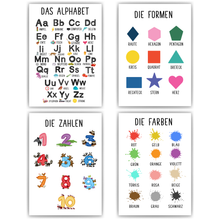 Laden Sie das Bild in den Galerie-Viewer, Kinderposter 4er Lernposter Alphabet, Formen, Zahlen & Farben Kinderzimmer Wandbilder Kinder Lernhilfe Poster