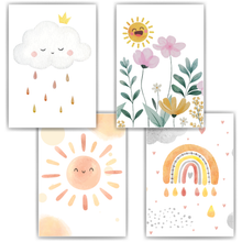 Laden Sie das Bild in den Galerie-Viewer, Sonne Wolke Blumen Regenbogen 4er Set DIN A4 Kinderzimmer Wandbilder Babyzimmer Poster Dekoration