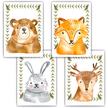 Laden Sie das Bild in den Galerie-Viewer, Waldtiere 4er Set Kinderzimmer Bilder DIN A4 Poster Babyzimmer Wandbilder Dekoration - Bär Fuchs Hase Reh