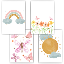 Laden Sie das Bild in den Galerie-Viewer, Regenbogen Sonne Schmetterlinge Bilder 4er Set DIN A4 Kinderzimmer Wandbilder Babyzimmer Poster Dekoration