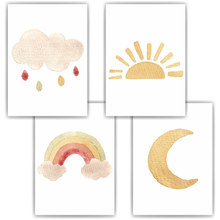 Laden Sie das Bild in den Galerie-Viewer, Wolke Sonne Boho Regenbogen Mond 4er Set Kinderzimmer Bilder DIN A4 Wandbilder Deko Babyzimmer Poster