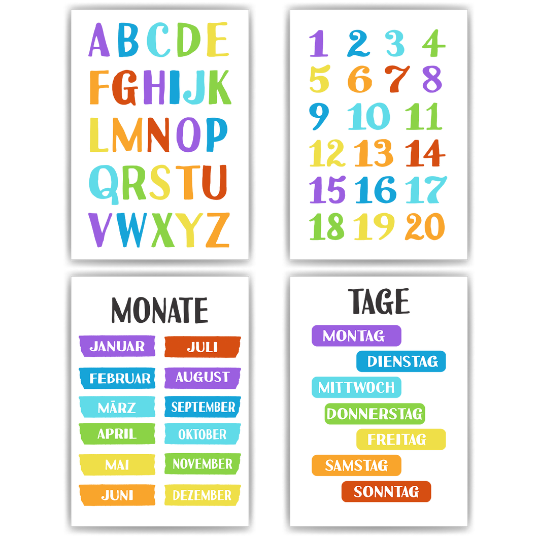 Kinderposter 4er Set ABC, Zahlen, Monate & Tage Lernposter Alphabet | Kinderzimmer Wandbilder Lernhilfe