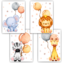 Laden Sie das Bild in den Galerie-Viewer, Zoo Safari Afrika Tiere Luftballon Bilder 4er Set DIN A4 Kinderzimmer Wandbilder Babyzimmer Poster Dekoration