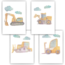 Laden Sie das Bild in den Galerie-Viewer, Bagger Bulldozer Gabelstapler 4er Set Kinderzimmer Bilder DIN A4 Poster Babyzimmer Wandbilder Dekoration Baustellenfahrzeuge