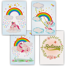 Laden Sie das Bild in den Galerie-Viewer, Einhorn Regenbogen Bilder 4er Set DIN A4 Kinderzimmer Wandbilder Babyzimmer Poster Dekoration