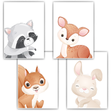 Laden Sie das Bild in den Galerie-Viewer, Waldtiere 4er Set Bilder Waschbär Reh Eichhörnchen Hase Kinderzimmer Deko DIN A4 Poster Babyzimmer Wandbilder