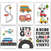 Laden Sie das Bild in den Galerie-Viewer, Kinderposter 6er Set ABC Auto Fahrzeuge Lernposter Alphabet | Kinderzimmer Wandbilder Einschulung Kindergarten Grundschule Lernhilfe für Kinder