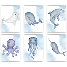 Laden Sie das Bild in den Galerie-Viewer, Meerestiere 6er Set Bilder Delfin Wal Krake Qualle Kinderzimmer Deko DIN A4 Poster Babyzimmer Wandbilder
