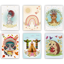 Laden Sie das Bild in den Galerie-Viewer, Waldtiere Bilder 6er Set DIN A4 Kinderzimmer Wandbilder Babyzimmer Poster Dekoration - Boho Regenbogen Hase Igel Bär Waschbär