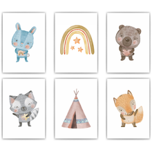 Laden Sie das Bild in den Galerie-Viewer, Niedliche Waldtiere 6er Set Kinderzimmer Bilder DIN A4 Wandbilder Deko Babyzimmer Poster - Hase Bär Waschbär Fuchs