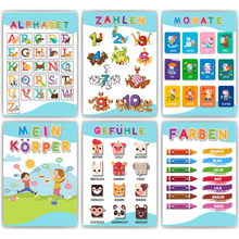 Laden Sie das Bild in den Galerie-Viewer, Kinderposter 6er Set Alphabet, Zahlen, Monate, Körper, Gefühle, Farben Lernposter Kinderzimmer Wandbilder ABC