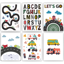 Laden Sie das Bild in den Galerie-Viewer, Kinderposter 6er Set ABC Auto Fahrzeuge Lernposter Alphabet | Kinderzimmer Wandbilder Kindergarten Grundschule Lernhilfe für Kinder