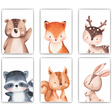 Laden Sie das Bild in den Galerie-Viewer, Waldtiere 6er Set Kinderzimmer Bilder DIN A4 Wandbilder Deko Babyzimmer Poster - Bär Fuchs Reh Waschbär Eichhörnchen Hase