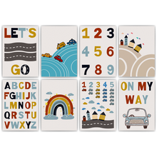 Laden Sie das Bild in den Galerie-Viewer, Kinderposter 8er Set ABC Zahlen Autos Lernposter Verkehr Kinderzimmer Wandbilder Kindergarten Grundschule Alphabet Lernhilfe für Kinder