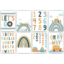 Laden Sie das Bild in den Galerie-Viewer, Kinderposter 8er Set ABC Zahlen Autos Lernposter Verkehr Kinderzimmer Wandbilder Kindergarten Grundschule Alphabet Kinder Lernhilfe Poster