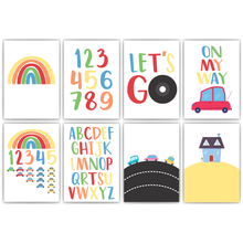 Laden Sie das Bild in den Galerie-Viewer, Kinderposter 8er Set ABC Zahlen Autos Lernposter Verkehr Kinderzimmer Wandbilder Einschulung Kindergarten Grundschule Alphabet Lernhilfe für Kinder