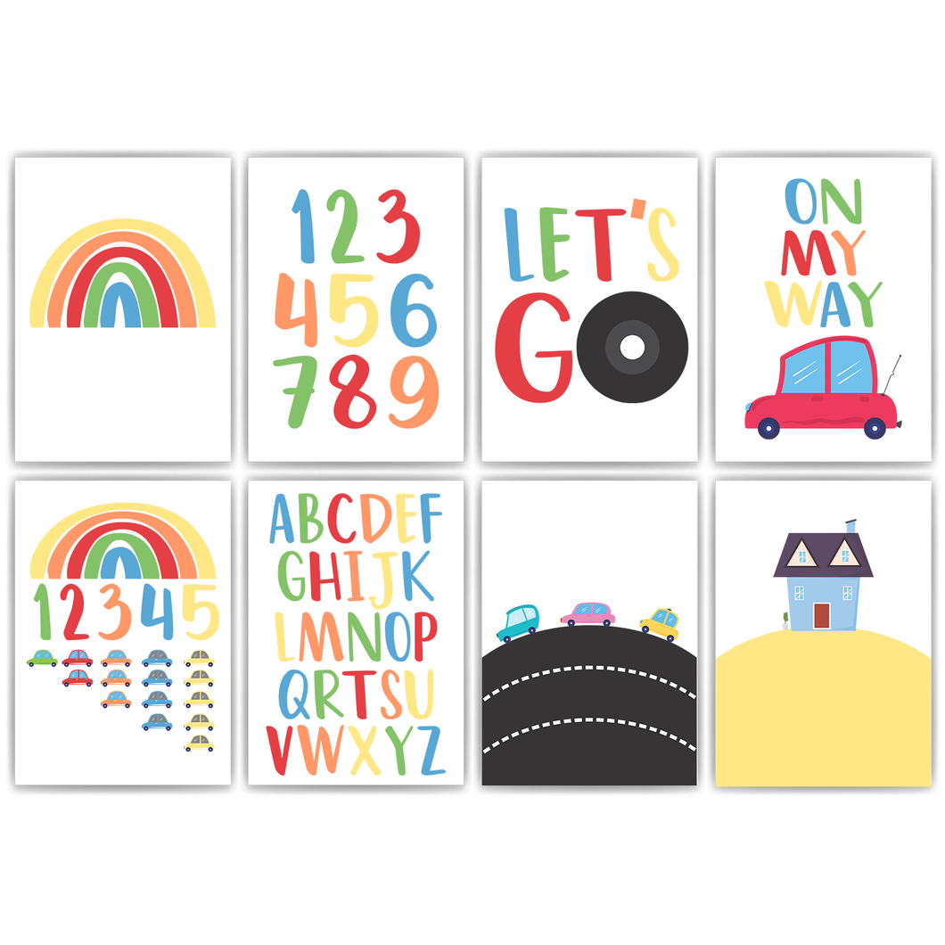 Kinderposter 8er Set ABC Zahlen Autos Lernposter Verkehr Kinderzimmer Wandbilder Einschulung Kindergarten Grundschule Alphabet Lernhilfe für Kinder