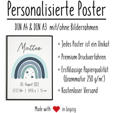 Laden Sie das Bild in den Galerie-Viewer, Blauer Regenbogen Geburtsposter Personalisiert Name Uhrzeit Größe Gewicht | Kinderzimmer Babygeschenk | Geburt Baby Poster