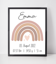 Laden Sie das Bild in den Galerie-Viewer, Rosa Regenbogen Geburtsposter Personalisiert Name Uhrzeit Größe Gewicht | Kinderzimmer Babygeschenk | Geburt Baby Poster
