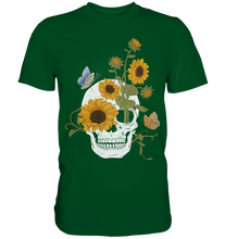 Laden Sie das Bild in den Galerie-Viewer, Totenkopf Sonnenblumen Shirt Gärtner Schmetterling Garten Motiv