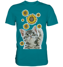 Laden Sie das Bild in den Galerie-Viewer, Katze Sonnenblumen Shirt Gärtner Kätzchen Garten Motiv