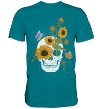 Laden Sie das Bild in den Galerie-Viewer, Totenkopf Sonnenblumen Shirt Gärtner Schmetterling Garten Motiv