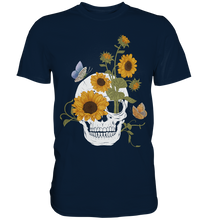 Laden Sie das Bild in den Galerie-Viewer, Totenkopf Sonnenblumen Shirt Gärtner Schmetterling Garten Motiv