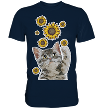 Laden Sie das Bild in den Galerie-Viewer, Katze Sonnenblumen Shirt Gärtner Kätzchen Garten Motiv