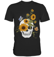 Laden Sie das Bild in den Galerie-Viewer, Totenkopf Sonnenblumen Shirt Gärtner Schmetterling Garten Motiv