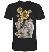 Laden Sie das Bild in den Galerie-Viewer, Katze Sonnenblumen Shirt Gärtner Kätzchen Garten Motiv