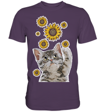 Laden Sie das Bild in den Galerie-Viewer, Katze Sonnenblumen Shirt Gärtner Kätzchen Garten Motiv