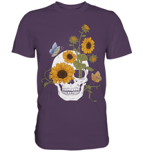 Laden Sie das Bild in den Galerie-Viewer, Totenkopf Sonnenblumen Shirt Gärtner Schmetterling Garten Motiv