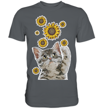 Laden Sie das Bild in den Galerie-Viewer, Katze Sonnenblumen Shirt Gärtner Kätzchen Garten Motiv