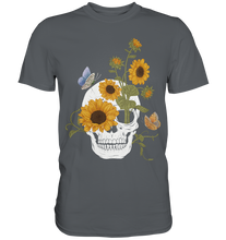 Laden Sie das Bild in den Galerie-Viewer, Totenkopf Sonnenblumen Shirt Gärtner Schmetterling Garten Motiv