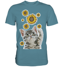 Laden Sie das Bild in den Galerie-Viewer, Katze Sonnenblumen Shirt Gärtner Kätzchen Garten Motiv