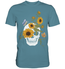 Laden Sie das Bild in den Galerie-Viewer, Totenkopf Sonnenblumen Shirt Gärtner Schmetterling Garten Motiv