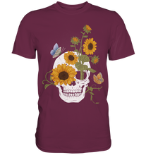 Laden Sie das Bild in den Galerie-Viewer, Totenkopf Sonnenblumen Shirt Gärtner Schmetterling Garten Motiv