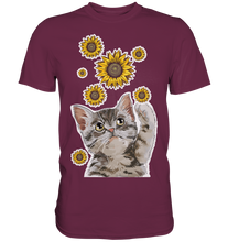 Laden Sie das Bild in den Galerie-Viewer, Katze Sonnenblumen Shirt Gärtner Kätzchen Garten Motiv