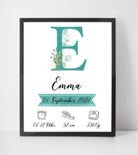 Laden Sie das Bild in den Galerie-Viewer, Personalisiertes Geburtsposter Name Uhrzeit Größe Gewicht | Kinderzimmer Babygeschenk | Geburt Baby Poster