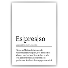 Laden Sie das Bild in den Galerie-Viewer, Espresso Poster Definition - Kaffee Wandbild Barista Küche Wanddeko Kaffeeliebhaber Geschenk