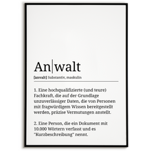 Laden Sie das Bild in den Galerie-Viewer, Anwalt Poster Definition Kunstdruck Wandbild Geschenk