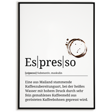 Laden Sie das Bild in den Galerie-Viewer, Espresso Poster Definition - Kaffee Wandbild Barista Küche Wanddeko