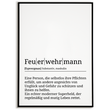 Laden Sie das Bild in den Galerie-Viewer, Feuerwehrmann Poster Definition Kunstdruck Wandbild Geschenk