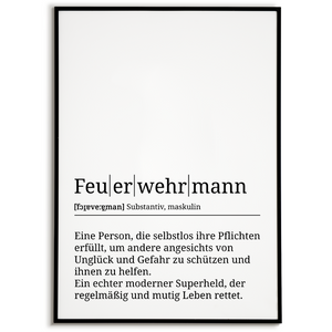 Feuerwehrmann Poster Definition Kunstdruck Wandbild Geschenk