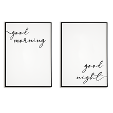 Laden Sie das Bild in den Galerie-Viewer, 2er Set Poster Good Morning Good Night Wandbild Schlafzimmer Bett Zuhause Wanddeko