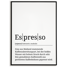 Laden Sie das Bild in den Galerie-Viewer, Espresso Poster Definition - Kaffee Wandbild Barista Küche Wanddeko Kaffeeliebhaber Geschenk