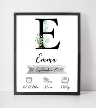 Laden Sie das Bild in den Galerie-Viewer, Personalisiertes Geburtsposter Name Uhrzeit Größe Gewicht | Kinderzimmer Babygeschenk | Geburt Baby Poster